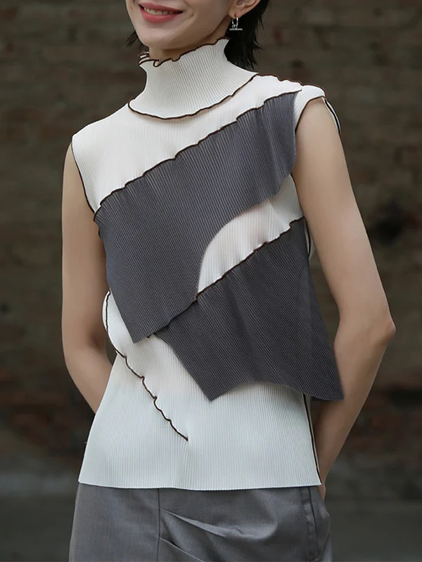 Split-Joint Pleated Color-Block Asymmetric Sleeveless Skinny High-Neck Vest Top