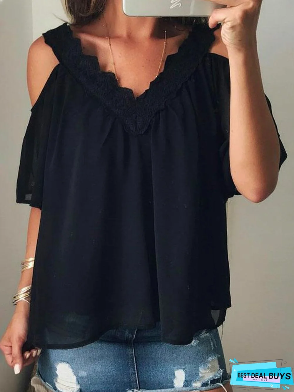 Cotton-Blend V Neck Casual Half Sleeve Top