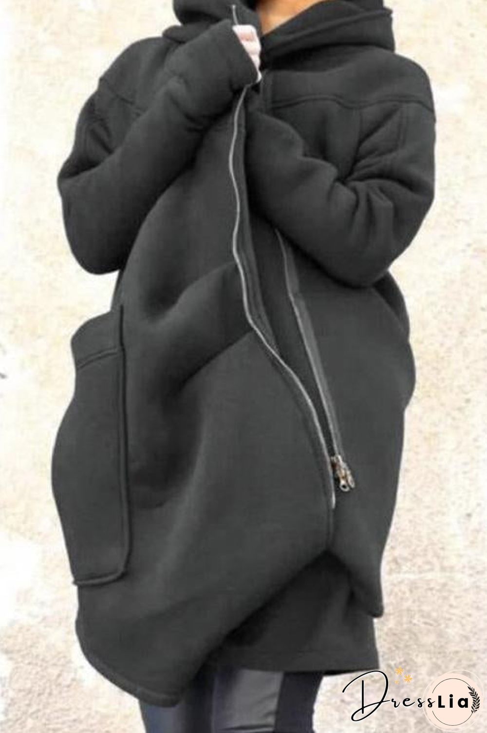 Oblique Zipper Long Hoodie Jacket with Big Pocket