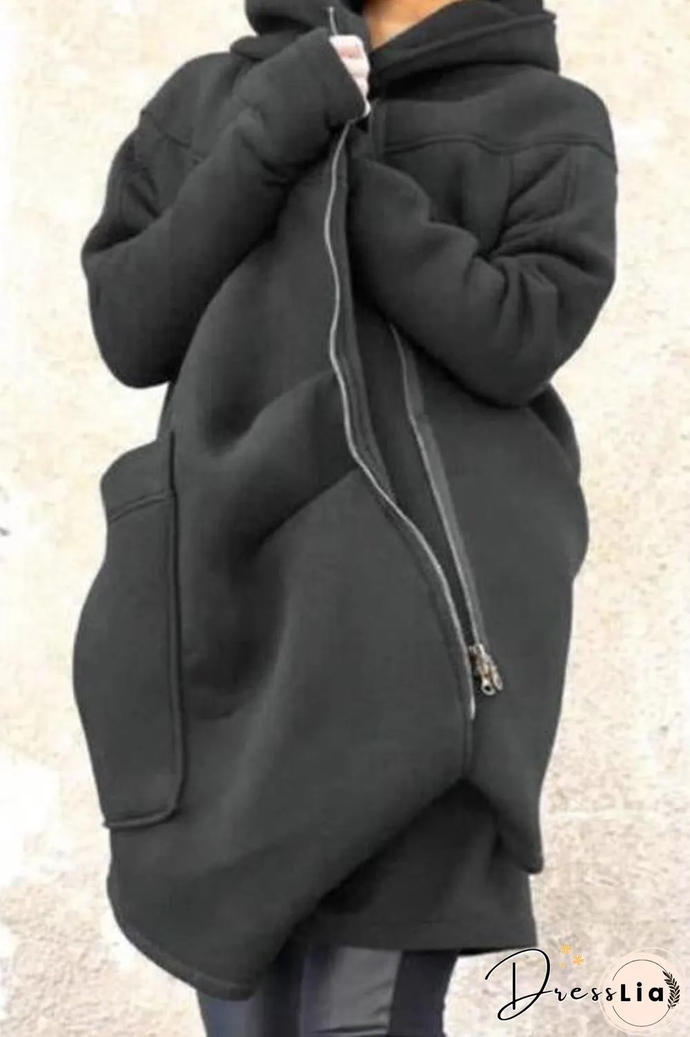 Oblique Zipper Long Hoodie Jacket with Big Pocket
