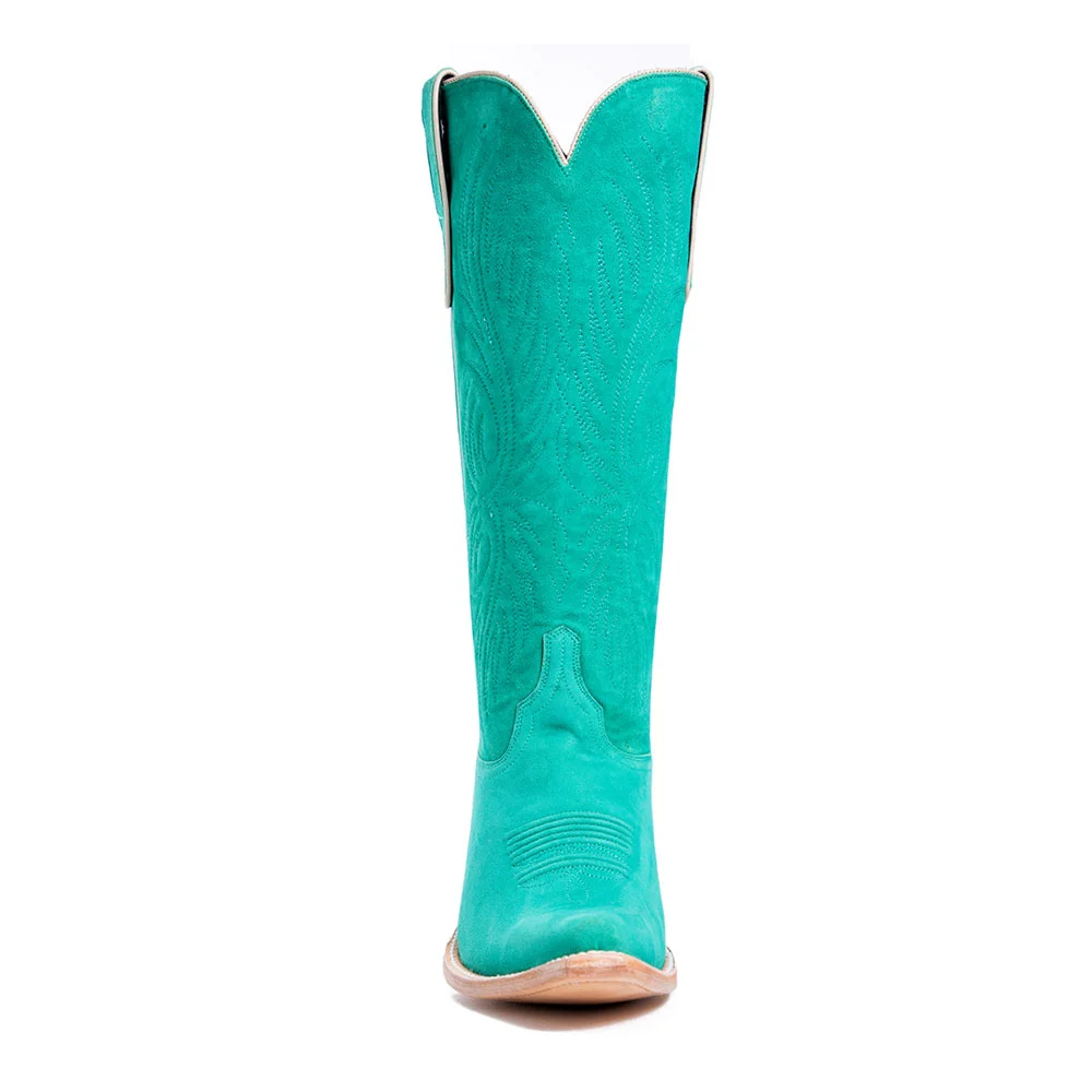 YDN Embroidered Chunky Heel Cowboy Boots for Women in Turquoise