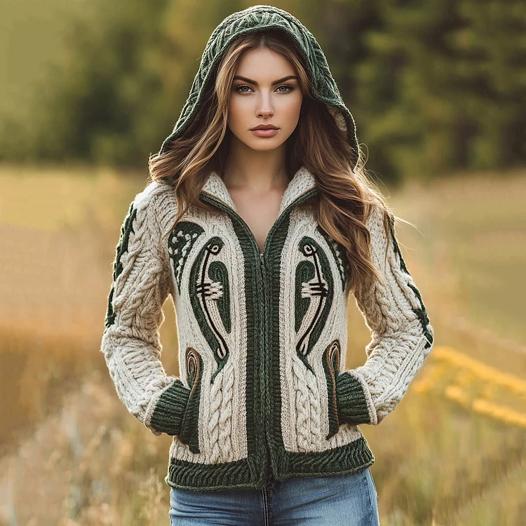 Women's Celtic Knot Harp Jacquard Hooded Pocket Zip Sweater