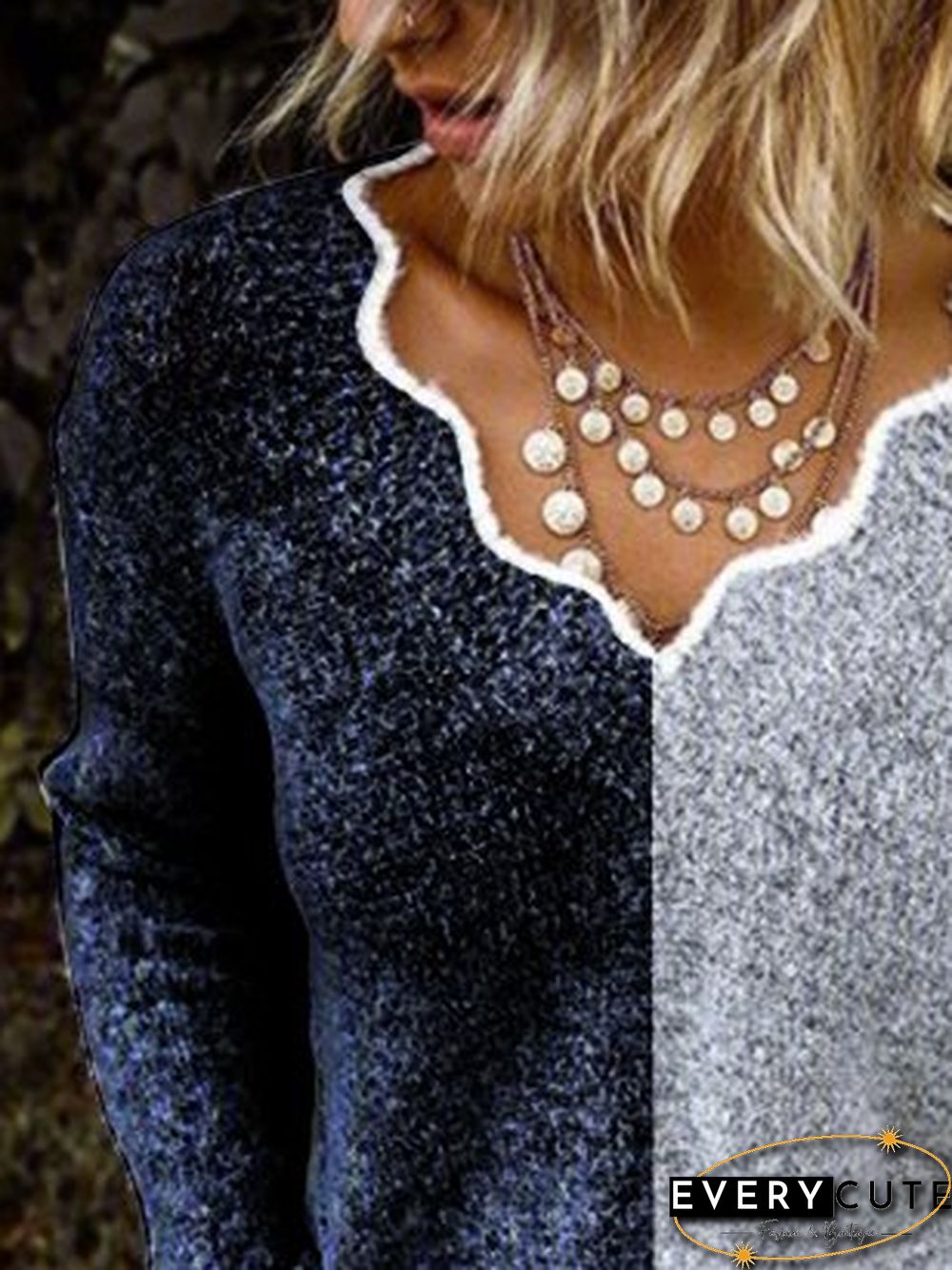 Gray Wool Blend Casual V Neck Sweater