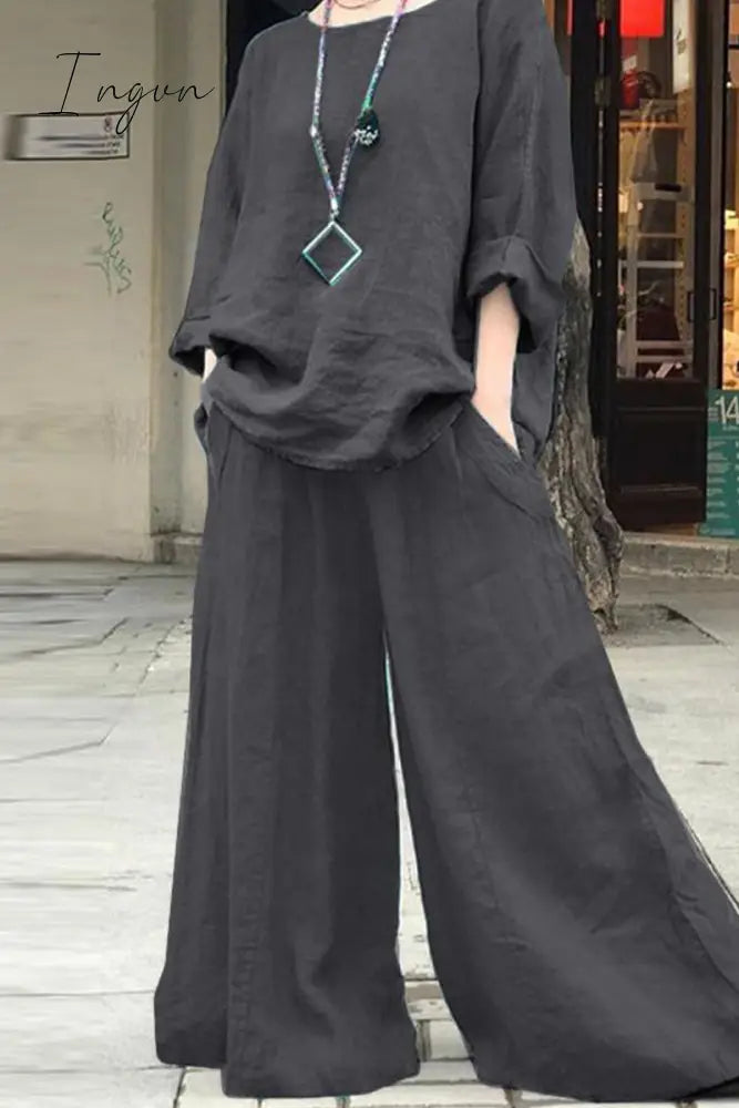 Ingvn - Casual Simplicity Solid Pocket O Neck Long Sleeve Two Pieces Grey / S Pieces/Two-Piece