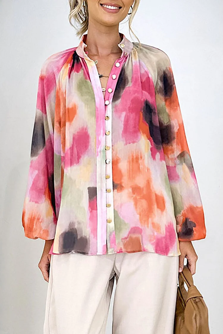 Tie Dye Pattern Print Button Up Balloon Sleeve Vacation Blouse