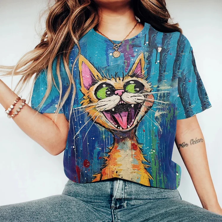 Abstract Creative Happy Cute Cat Painting Art T-Shirt
