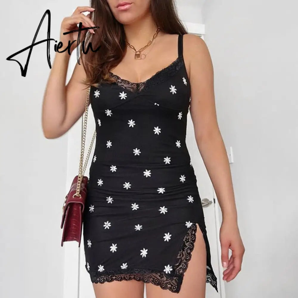 Lace Patchwork y2k Sexy Women's Dress Floral Printed Sleeveless Split Bodycon Mini Dress Party Summer 90s Dress Cuteandpsycho Aiertu