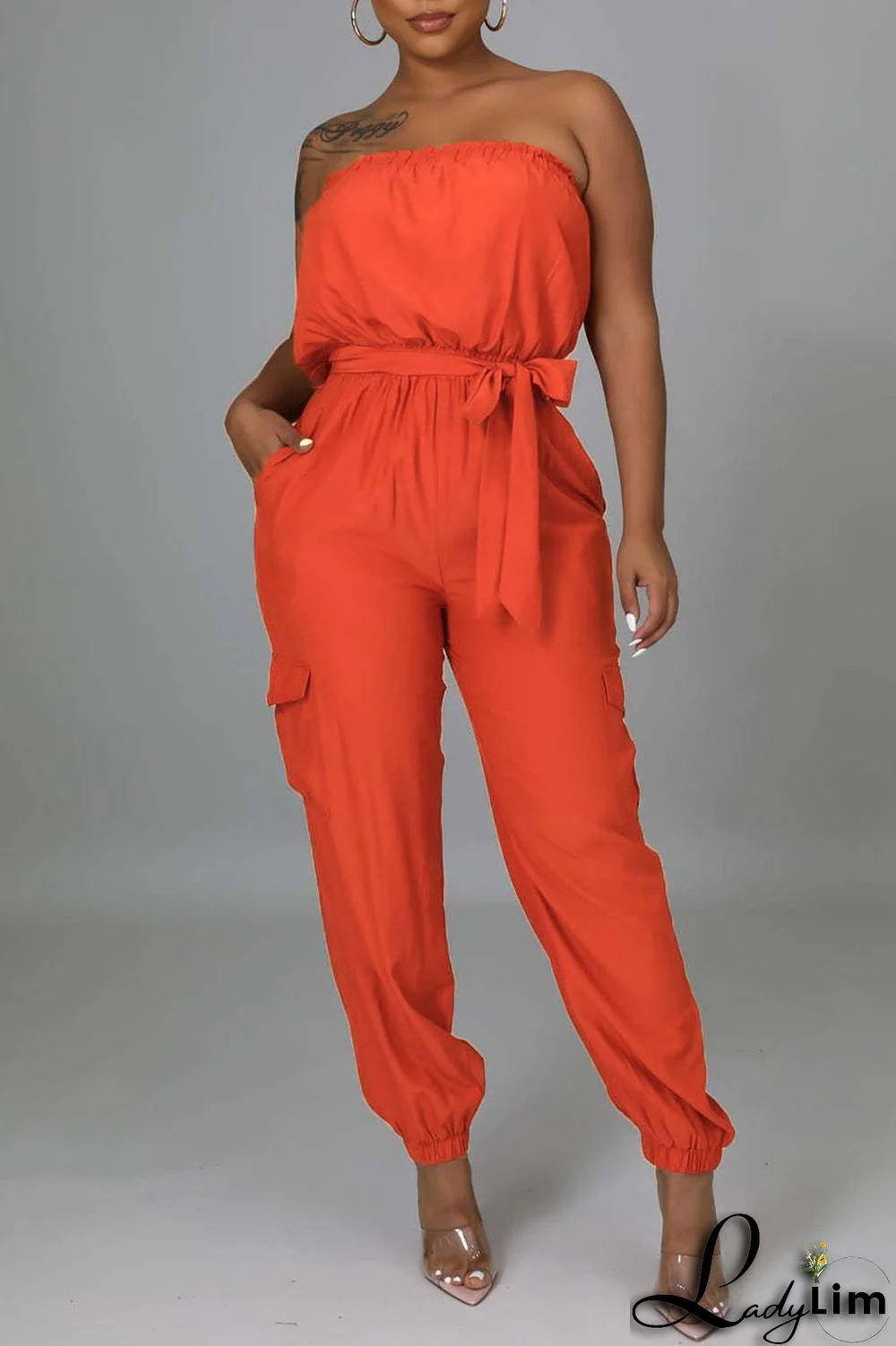 Orange Sexy Solid Split Joint Strapless Straight Jumpsuits