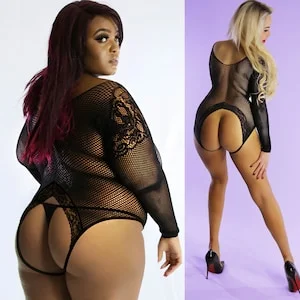 pornhint Pornhint US Size 2-20 Peep Bum Cheeks Plus Size Crotchless Sexy Bodysuit Erotic Sheer Mesh Bodysuit Catsuit Curve BBW, Fishnet Lace Trimmed V Shape