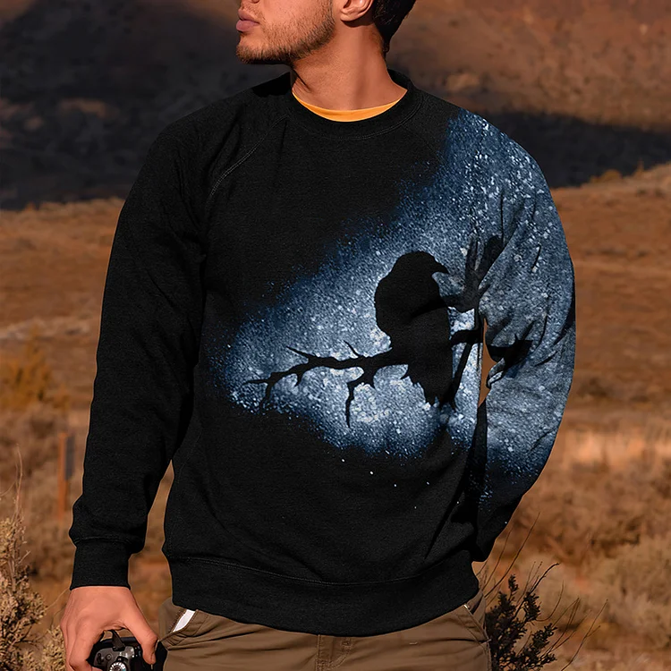 BrosWear Starry Crow Print Long Sleeve Sweatshirt
