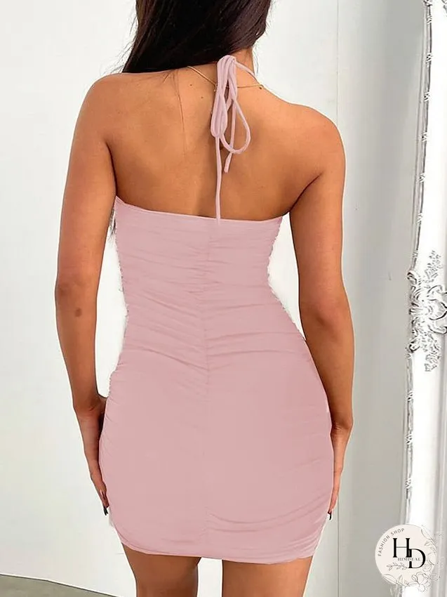 Bodycon Sheath Dress Sexy Dress Mini Dress Black White Pink Sleeveless Pure Color Ruched Summer Spring Halter Party Slim S M L XL 2XL 3XL / Slip Dress for Women