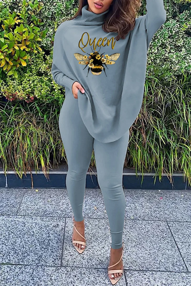 Fashion Casual Print Basic Turtleneck Long Sleeve Two Pieces