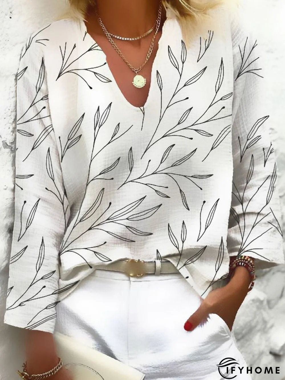 V-neck Cotton And Linen Leaf Print Blouse | IFYHOME