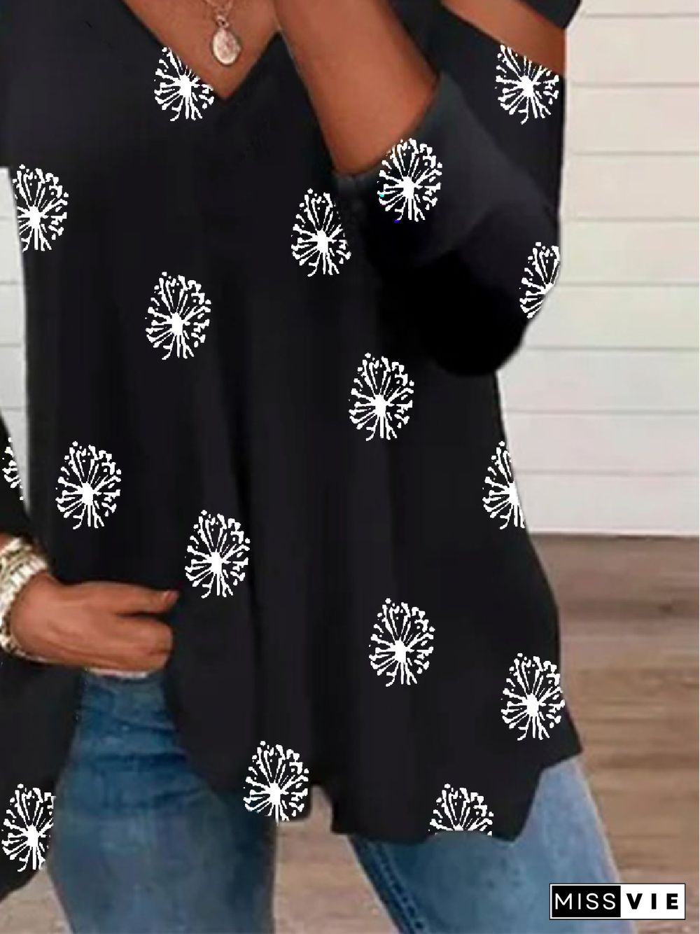Casual Dandelion V neck Loose Long Sleeve T-Shirt