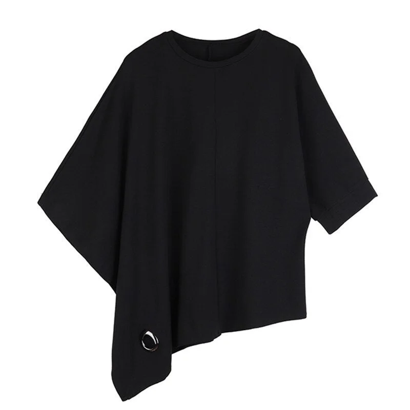 [EAM] 2021 New Spring Summer Round Neck Half Batwing Sleeve Black Loose Hollow Out Big Size T-shirt Women Fashion Tide JT152