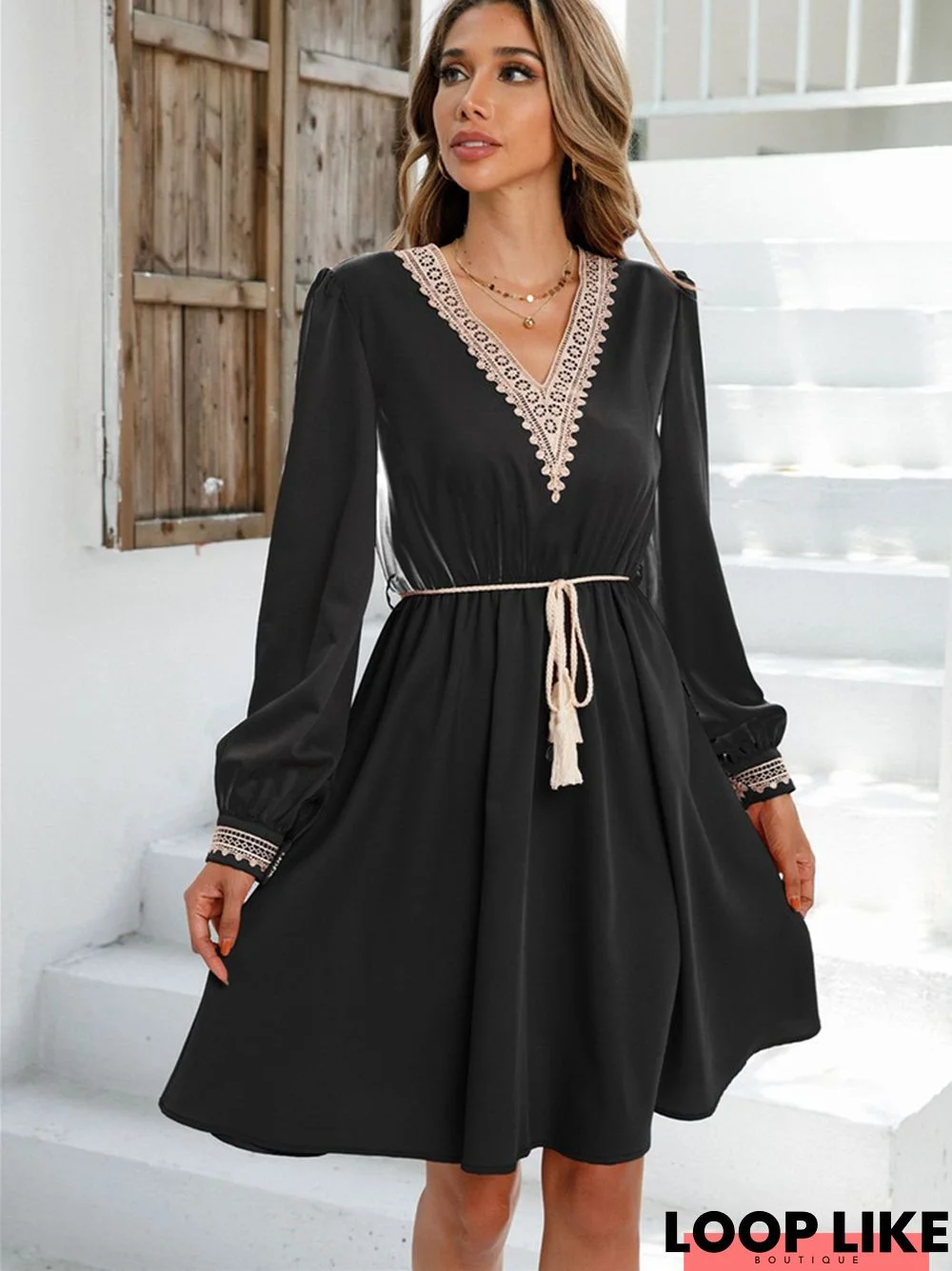 Fashion V-Neck Solid Color Long Sleeve Dress