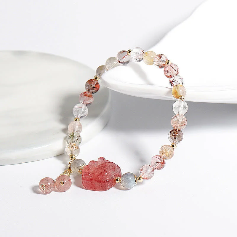 Natural Strawberry Quartz Cat Paw Claw Colorful Rutilated Quartz Moonstone Love Bracelet
