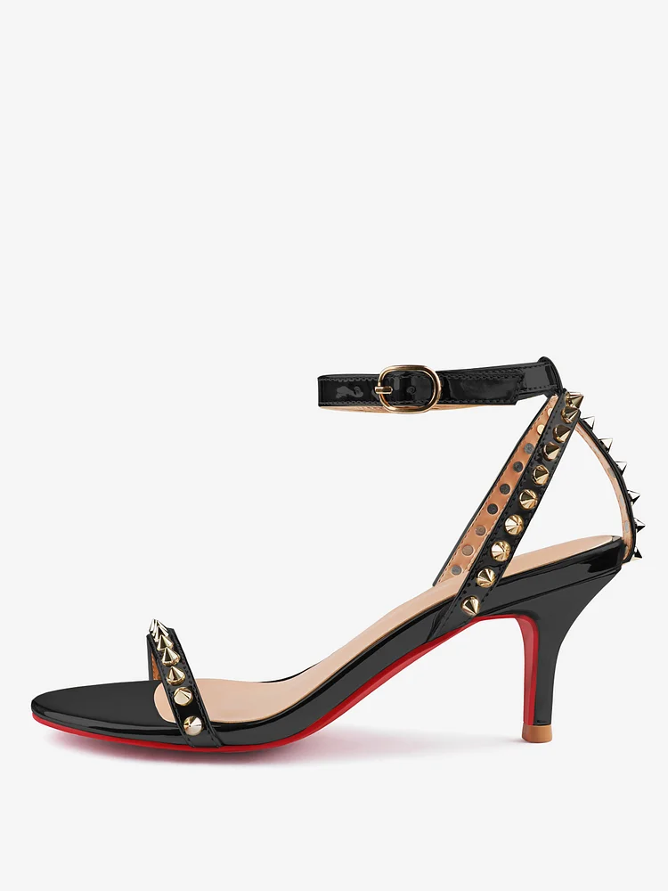 65mm Women's Open Toe Sandals Kitten Heels Red Bottom High Heels Ankle Strap Rivet Studs Party Shoes