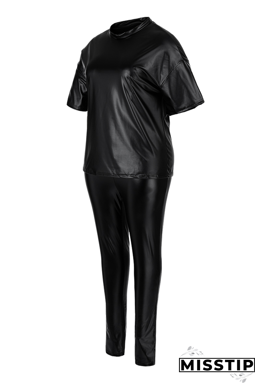 Black Casual Solid Patchwork O Neck Plus Size Two Pieces