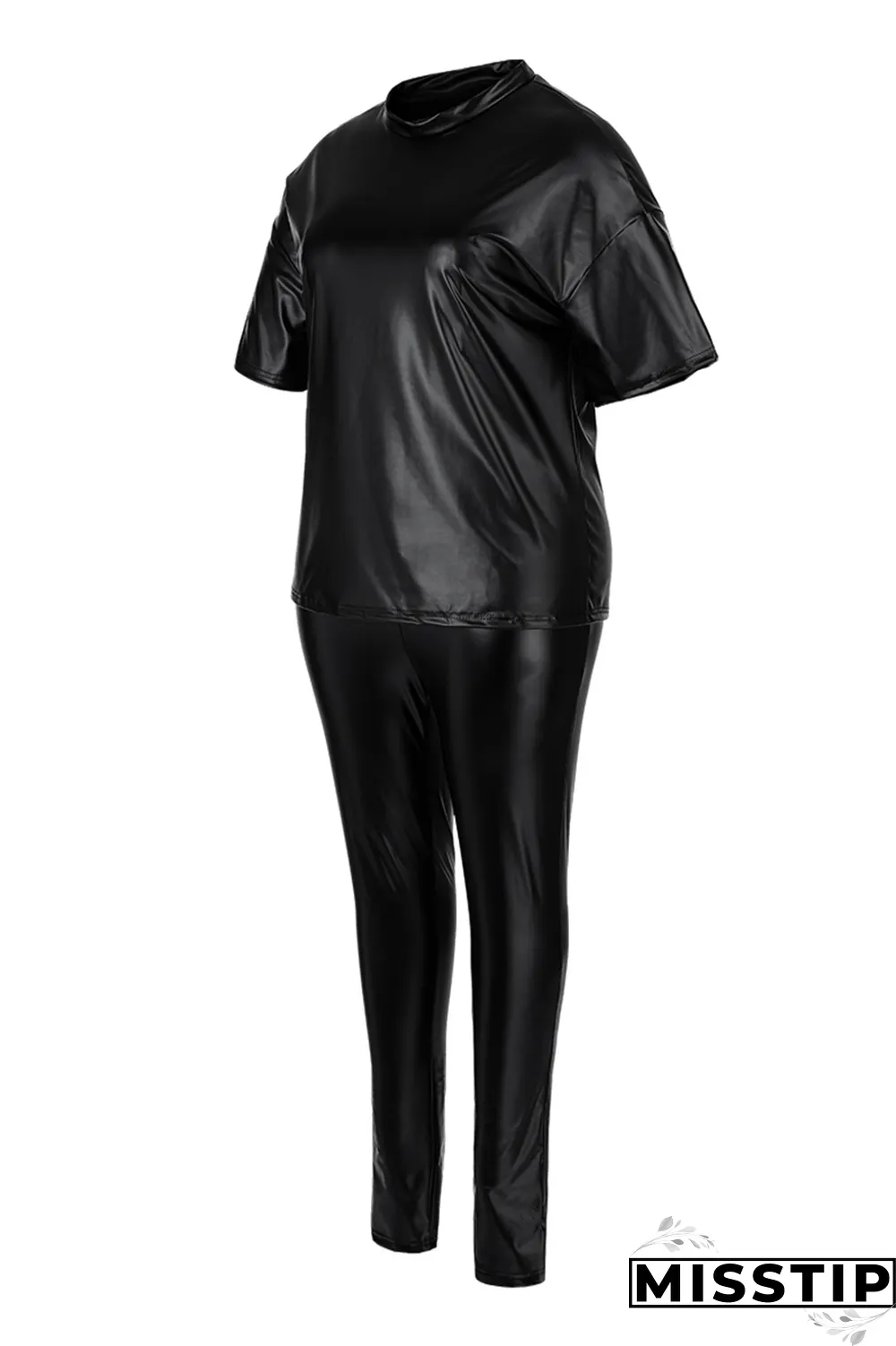 Black Casual Solid Patchwork O Neck Plus Size Two Pieces