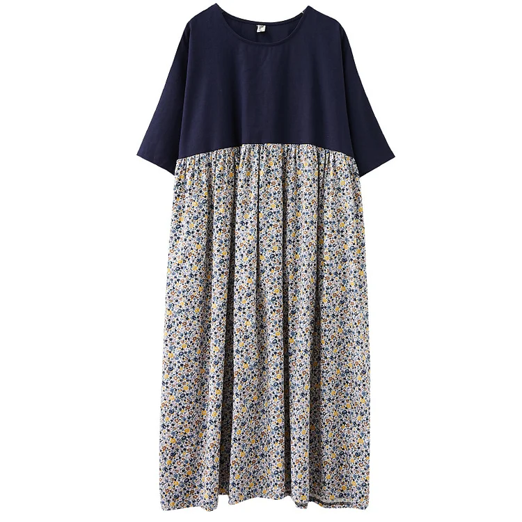 Simple Splicing Short Sleeve Round Neck Midi Dress