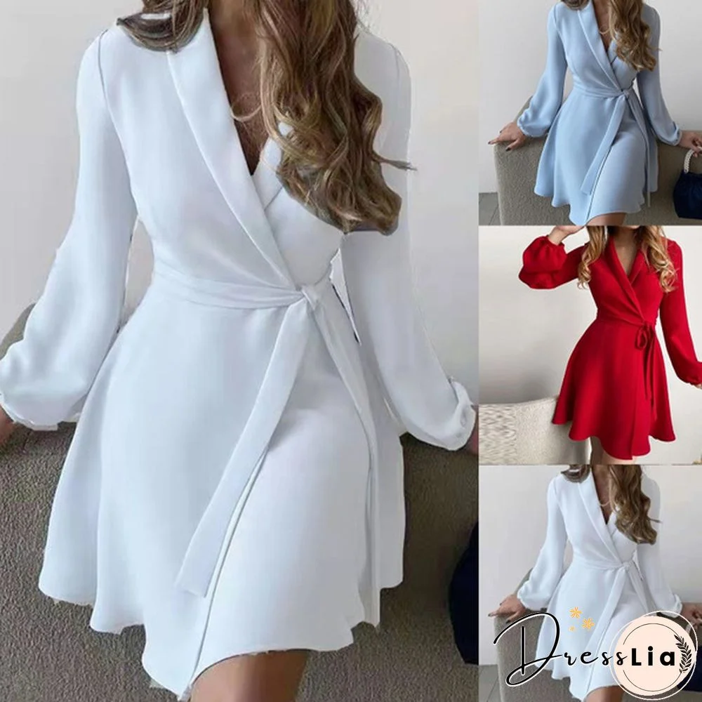 Women's Fashion Surplice V Neck Long Sleeve Mini Dress Casual Wrap Tunic Dress