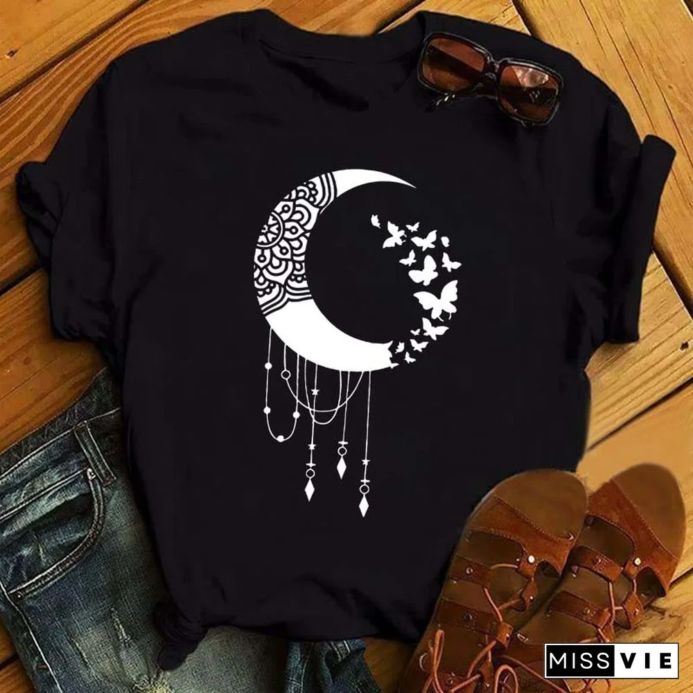 Maycaur Women Harajuku T Shirt New Moon Star Printed T Shirt O-Neck Summer Short Sleeve Tees Women Clothes Graphic T Shirts