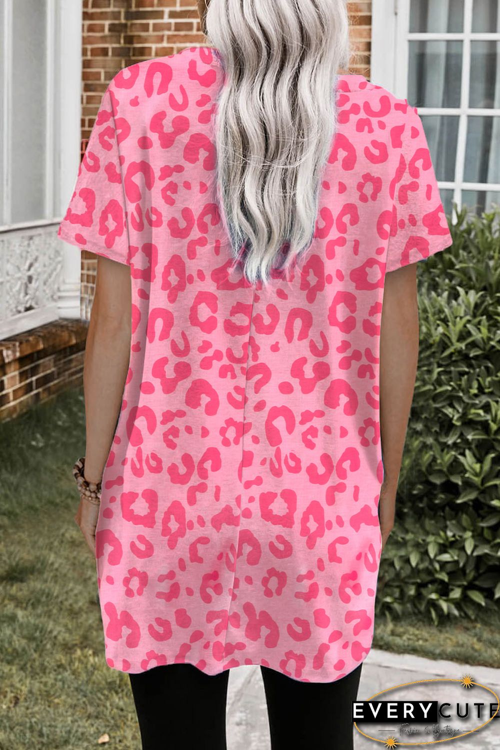 Pink Leopard Print Short Sleeve Tunic Top