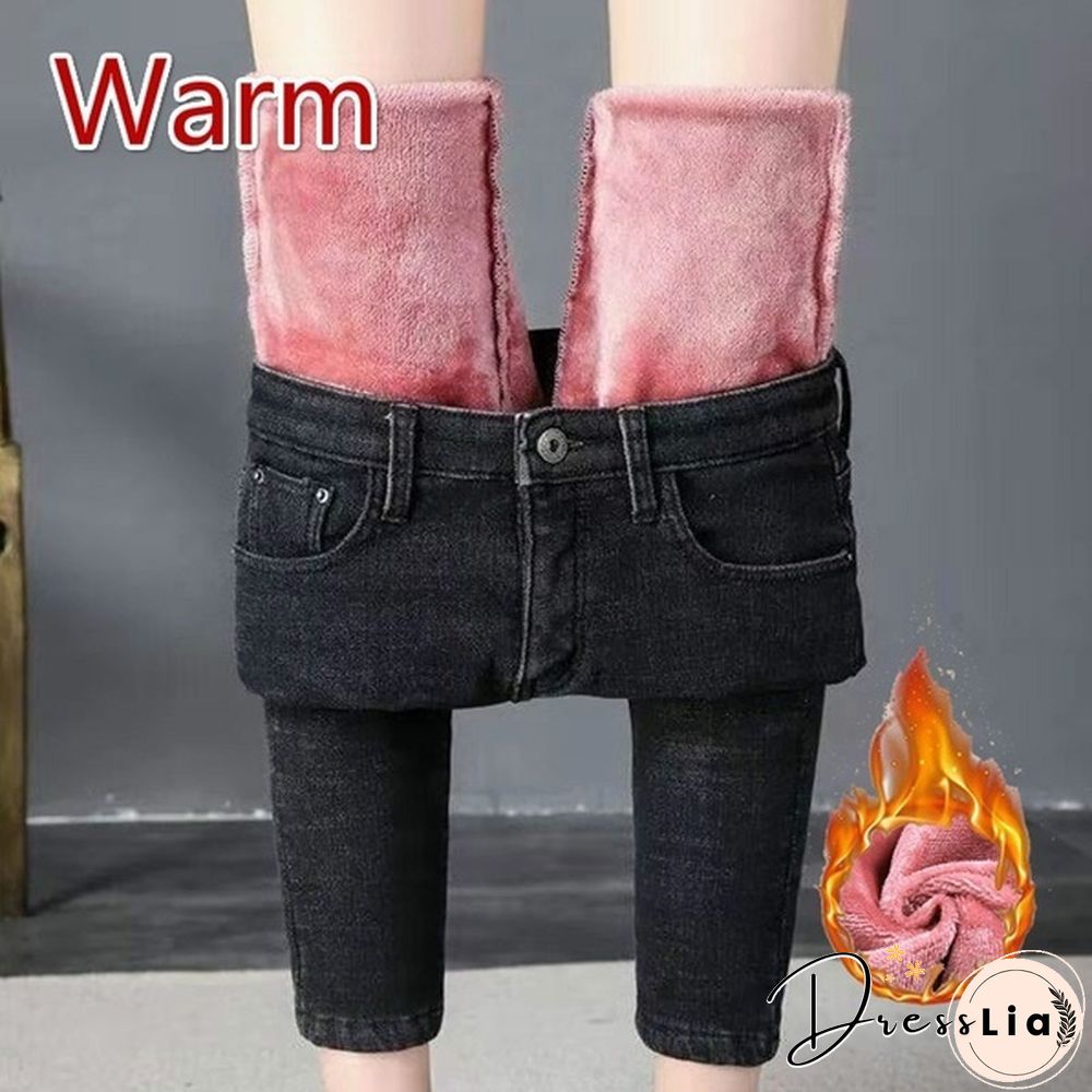 Winter Warm High Waist Velvet Jeans for Ladies To Wear Tights Warm for Ladies Denim Pencil Jeans Women's Thick Winter Socks