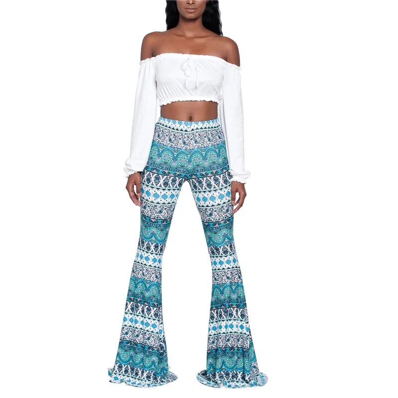 Women Pants New Baggy Flared Pants Boho Style Floral Hippie Wide Leg Gypsy Palazzo Casual Trousers Ladies Bell-bottomed Trousers
