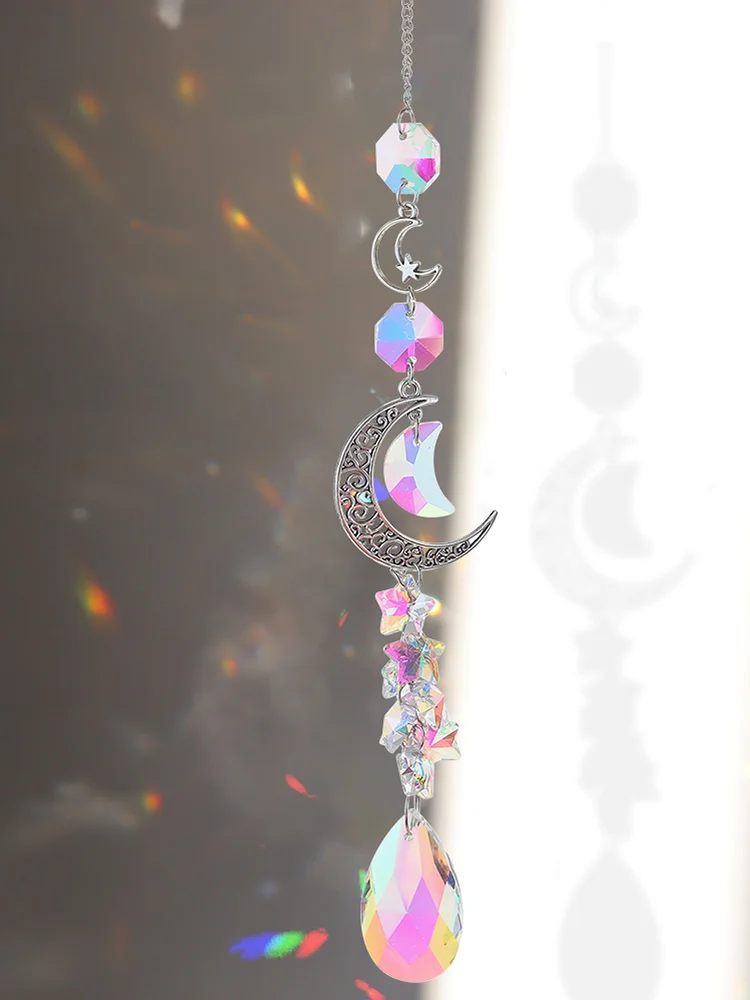 Crystal Diamond Wind Chimes Metal Hexagon Star Moon Hanging Ornaments Decor