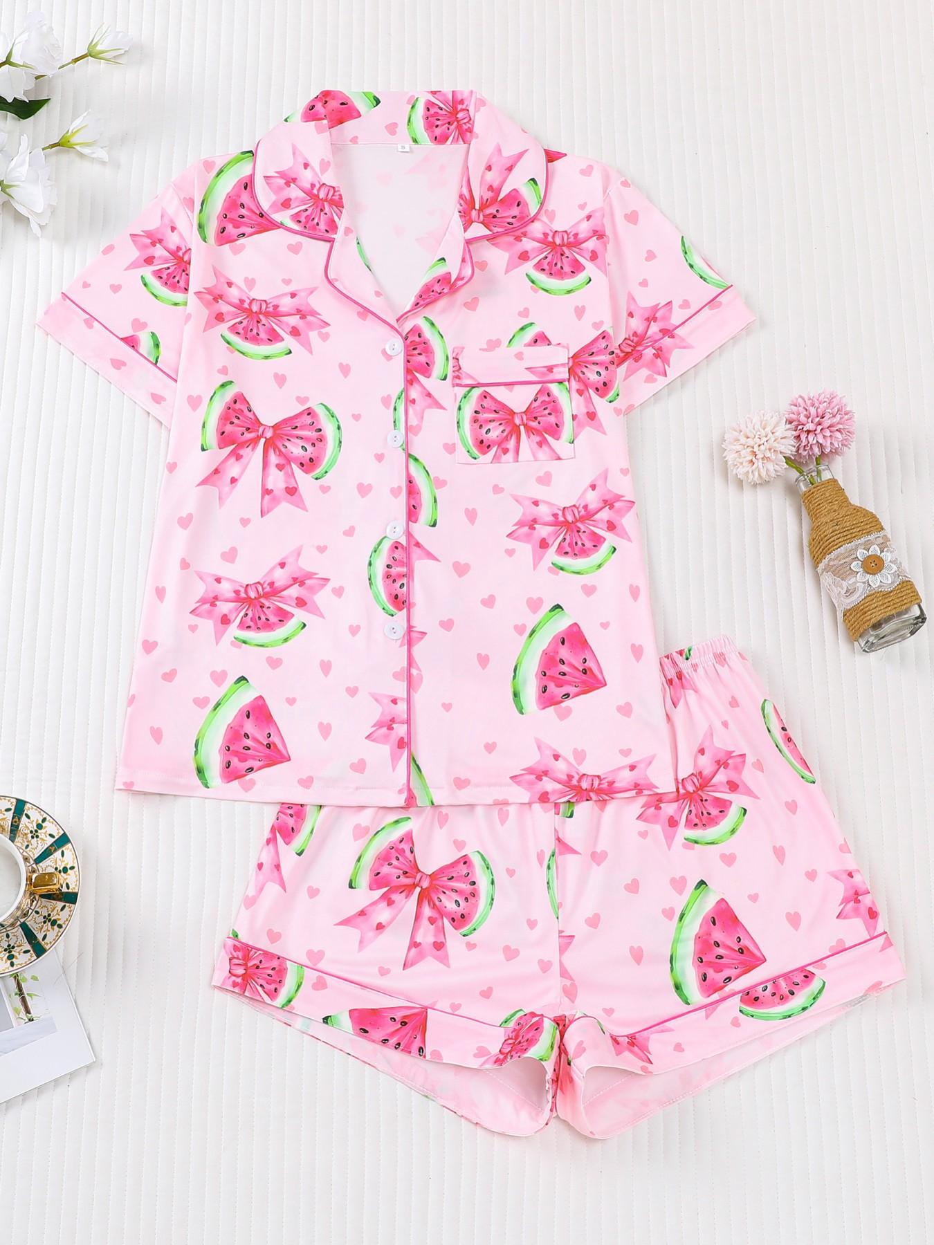 Women's 2-Piece Waffle Printed Sleepwear Set, Pajama Set, Short Sleeve Button-Up Top & Elastic Shorts, Casual All-Season Home Wear