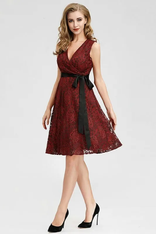 burgundy lace homecoming dress MACloth Halter Lace Satin Mini Prom Homecoming Dress Burgundy Formal Gown Burgundy / Above Knee / US14 main image 1