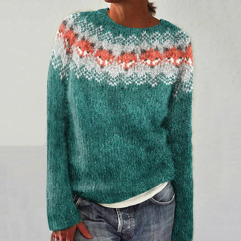 Vintage Fox Jacquard Crew Neck Sweater