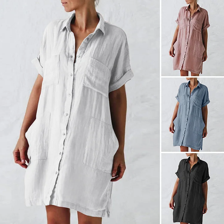 Cotton and Linen Long Sleeve Irregular Pocket Dress Shirt Dress socialshop