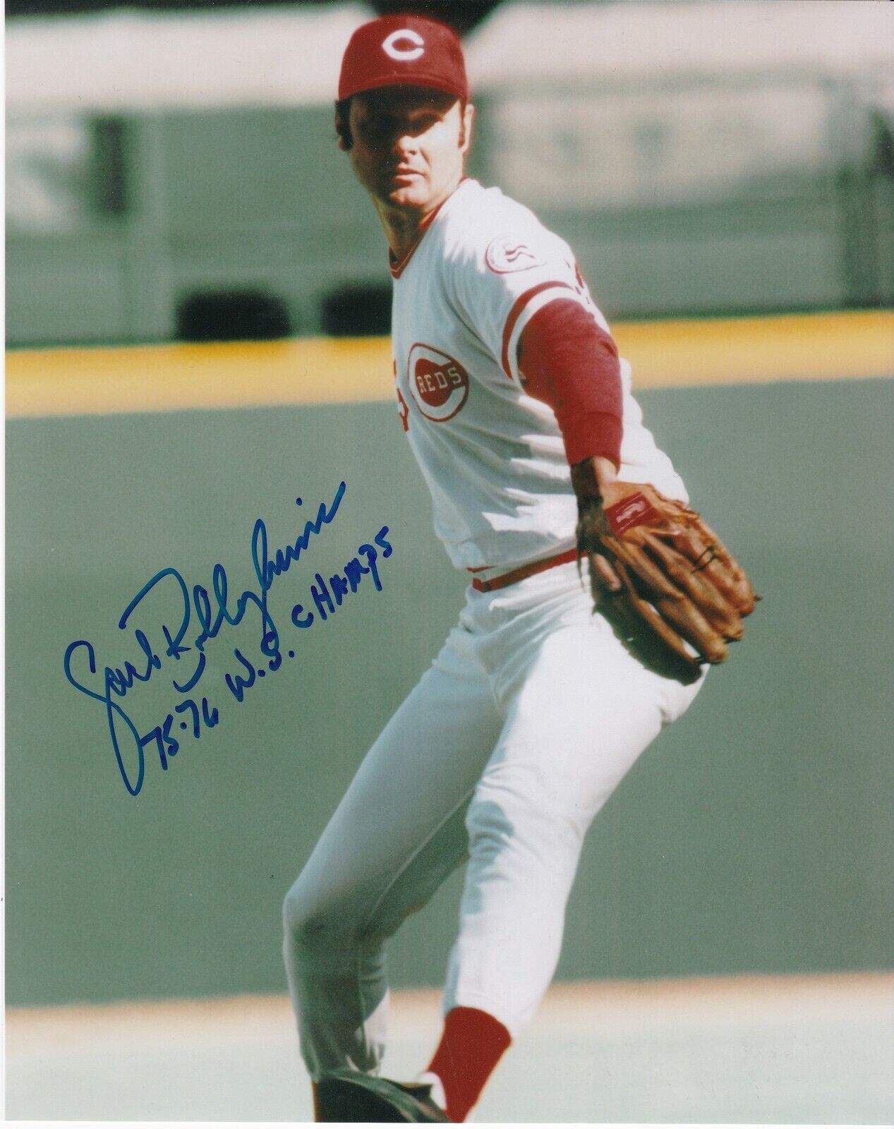 JACK BILLINGHAM CINCINNATI REDS 75,76 WS CHAMPS ACTION SIGNED 8x10