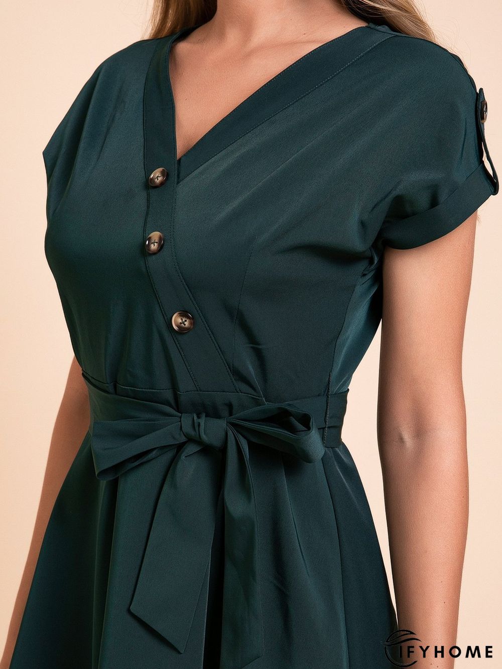 Green Tc V Neck Casual Plain Weaving Dress | IFYHOME