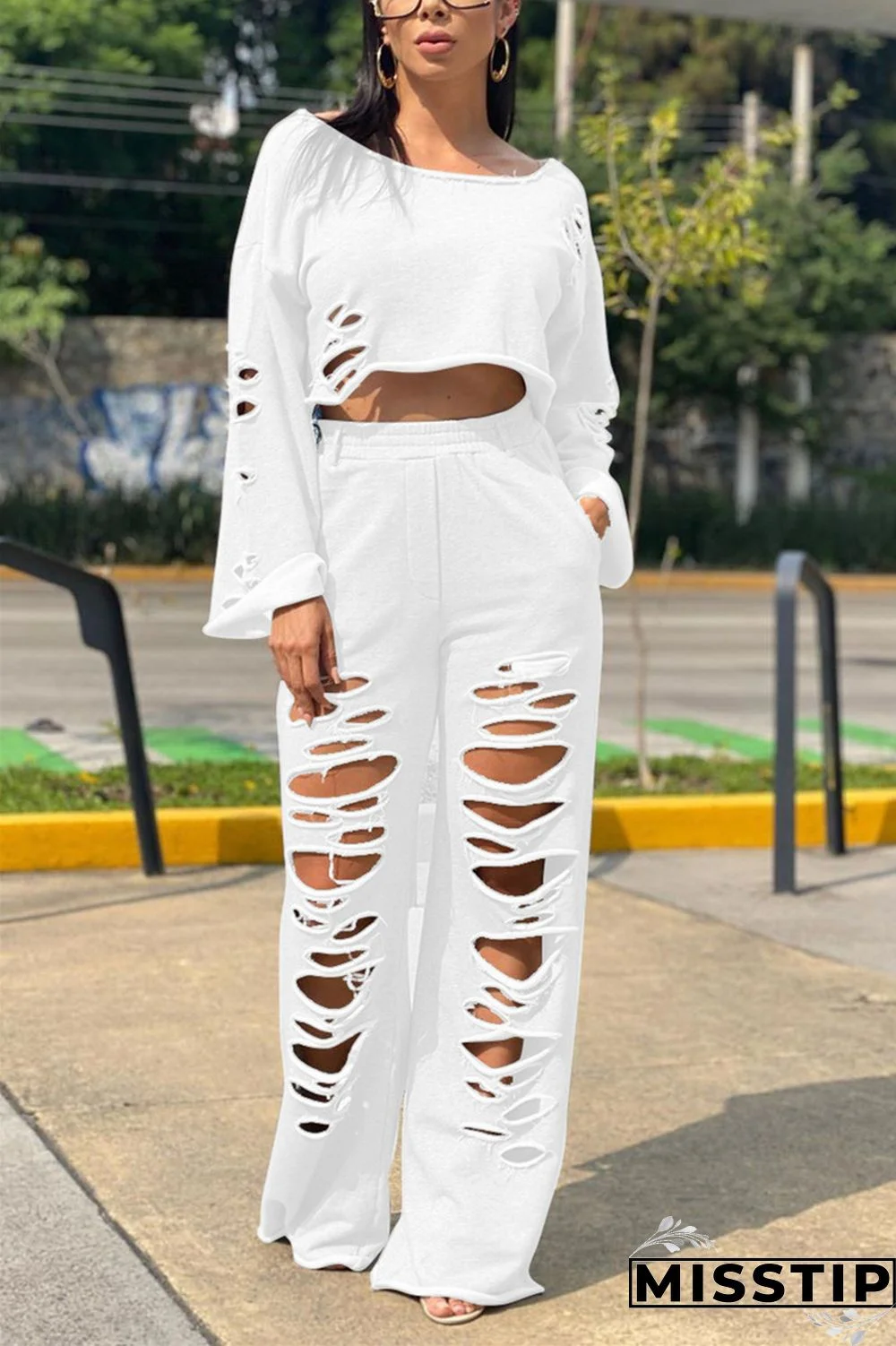 Dark Blue Casual Geometric pencil Long Sleeve Two Pieces