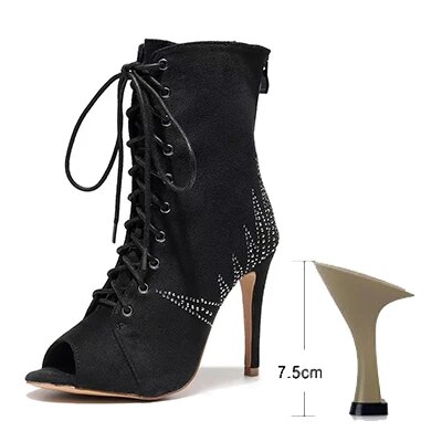 VCshoes Woman Black Flannel Latin Dance Boots Women Open Toe Stiletto Bootie Ladies Rhinestone Jazz Ballroom Dancing Shoes