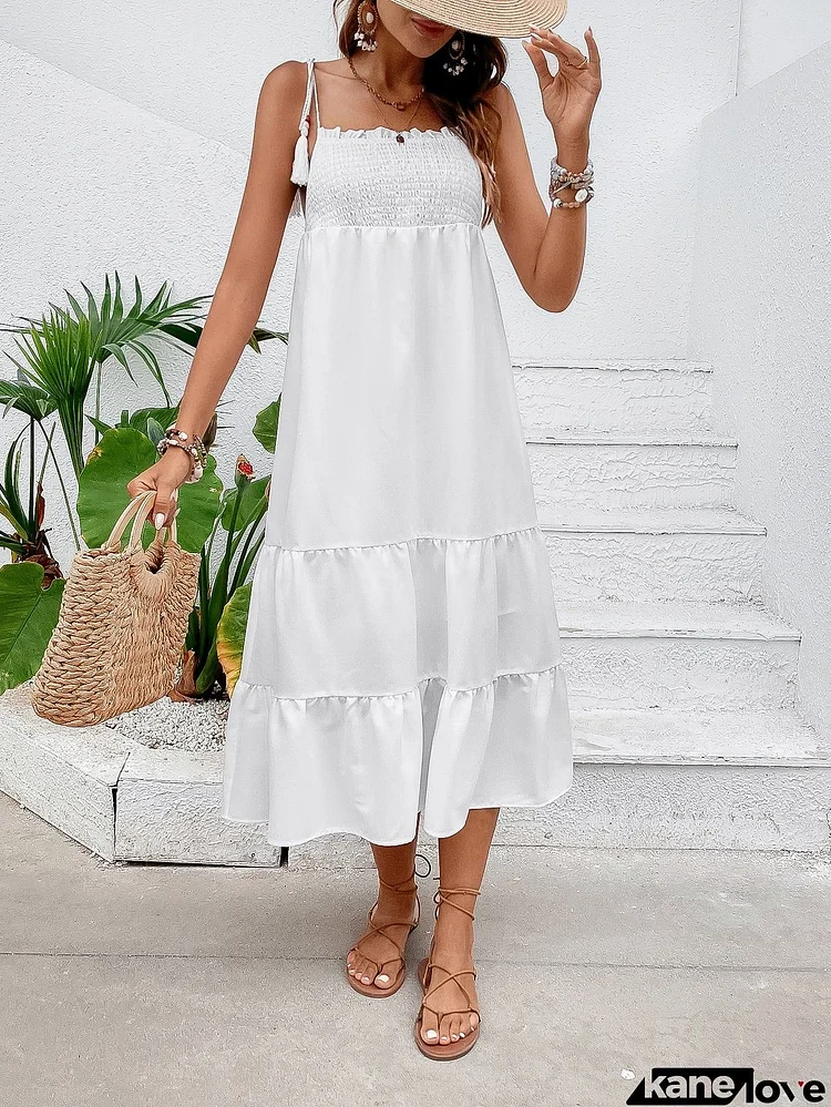 Tie-Shoulder Smocked Tiered Midi Dress