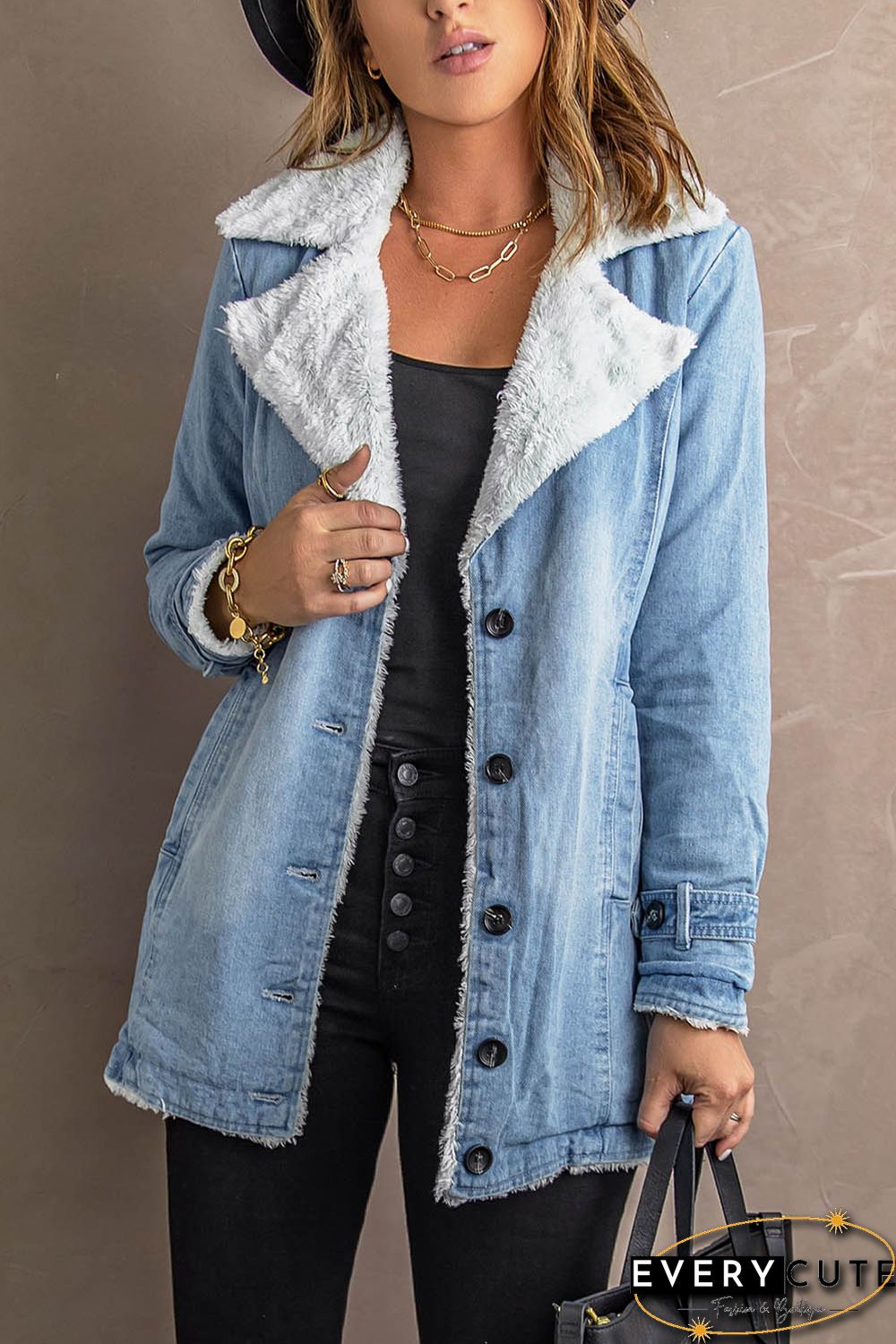 Sky Blue Lapel Collar Button Fleece Jacket