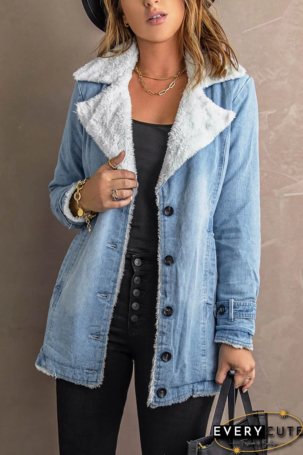 Sky Blue Lapel Collar Button Fleece Jacket