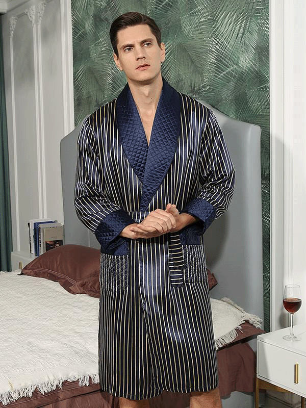 25 Momme Luxurious Blue Stripes Printed Silk Robe For Men