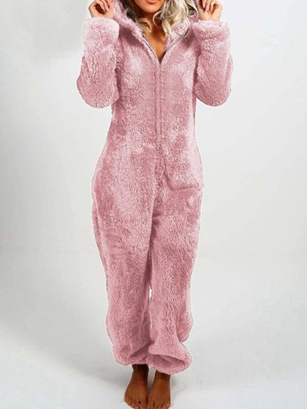 Solid Color Coral Fleece Hooded Thick Pajamas Suit