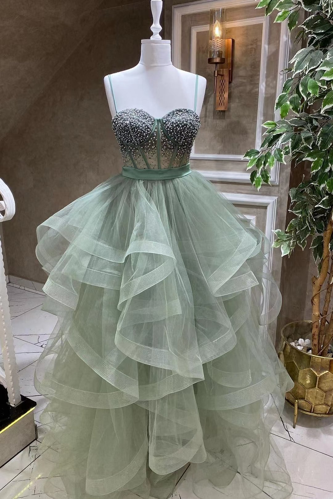 Modern Spaghetti-Straps Sweetheart Evening Dress With Tulle Beads |Ballbellas Ballbellas