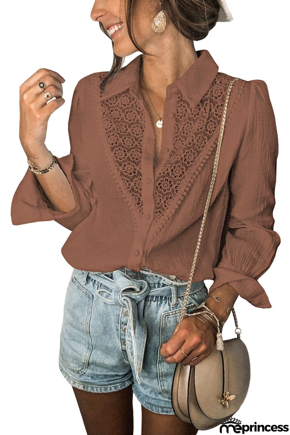 Floral Lace Hollow-out Splicing Crinkled Shirt