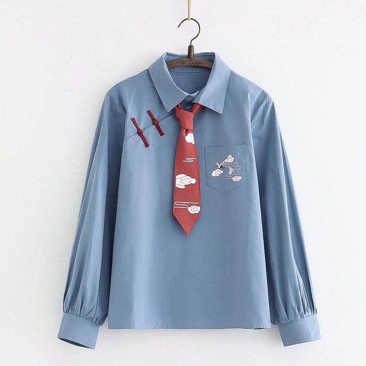 Vintage Cloud Flying Crane Buckle Shirt - Modakawa