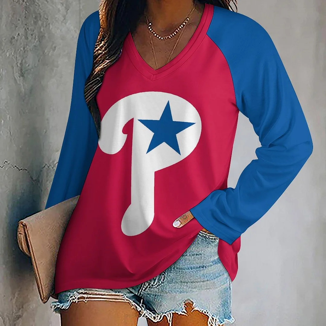 V-neck Long Sleeve Casual T-shirt for  Women and Men Printed with Pattern  , Blue, Red