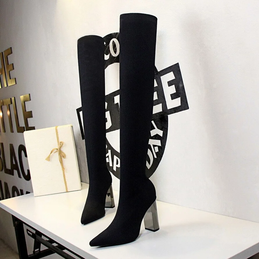 2020 Women over the knee Boots Slip on Autumn Winter Shoes Thick heeled Elastic Suede Thigh high boots High heels Warm Long boot