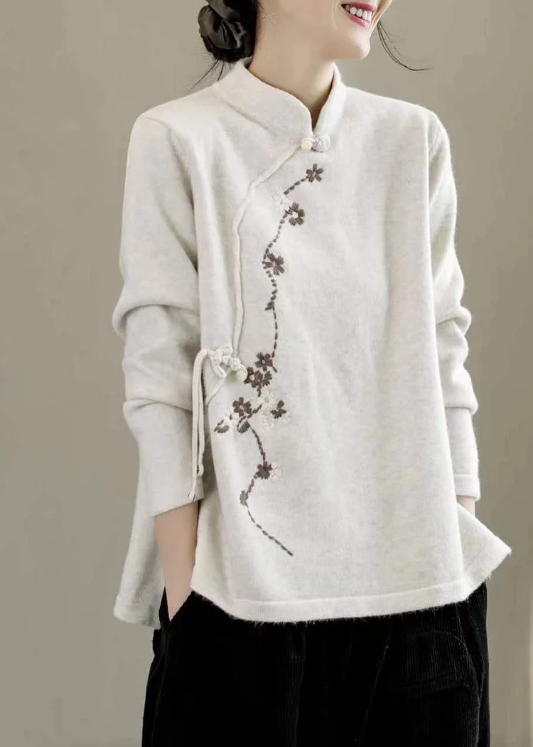 Beautiful Beige Stand Collar Embroideried Chinese Style Knit Tops Spring